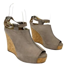 Cynthia Vincent Womens Size 6 Gray Suede Open Toe Cork Wedge