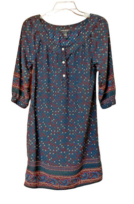 Lucky Brand Dress Navy Blue Floral Paisley Dress Sz XS 3/4 Sleeves Front  Buttons | eBay