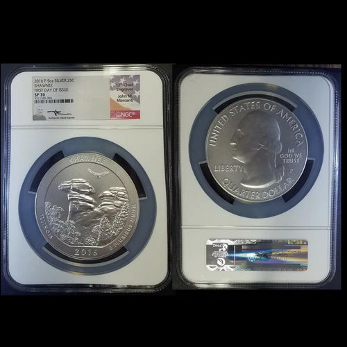 2016-P 5 oz Silver 25C First Day of Issue Shawnee SP70 Mercanti Signed NGC #3
