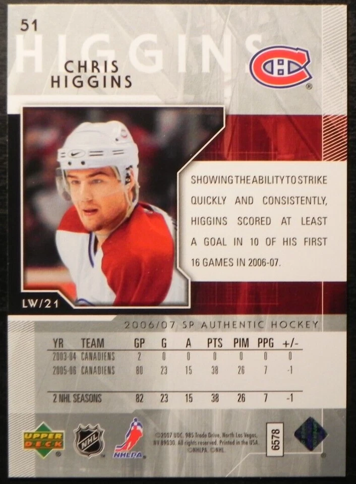 2006-07 06/07 SP Authentic #51 Chris Higgins Montreal Canadiens - Image 2 of 2