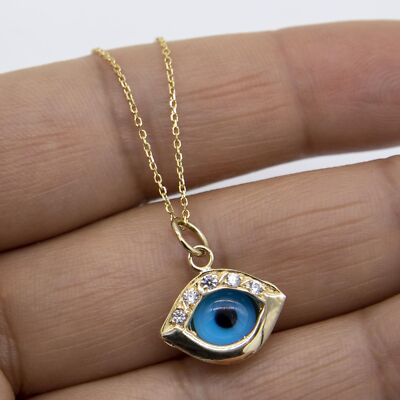 3/4'' Evil Eye Pendant Necklace Real 14K Yellow Gold All Sizes