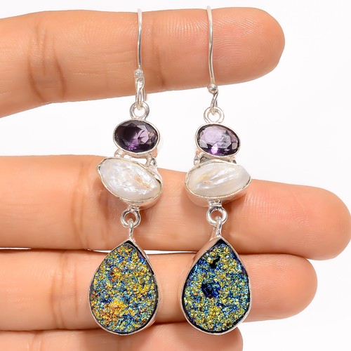 Titanium Druzy Amethyst Gemstone Fashion 925 Silver Earrings 2.3" ARE-3812