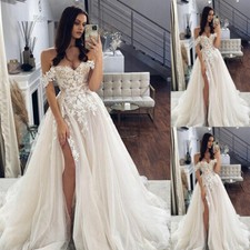 Boho Wedding Dresses Off Shoulder Lace Appliques Bridal Gowns High Side Split