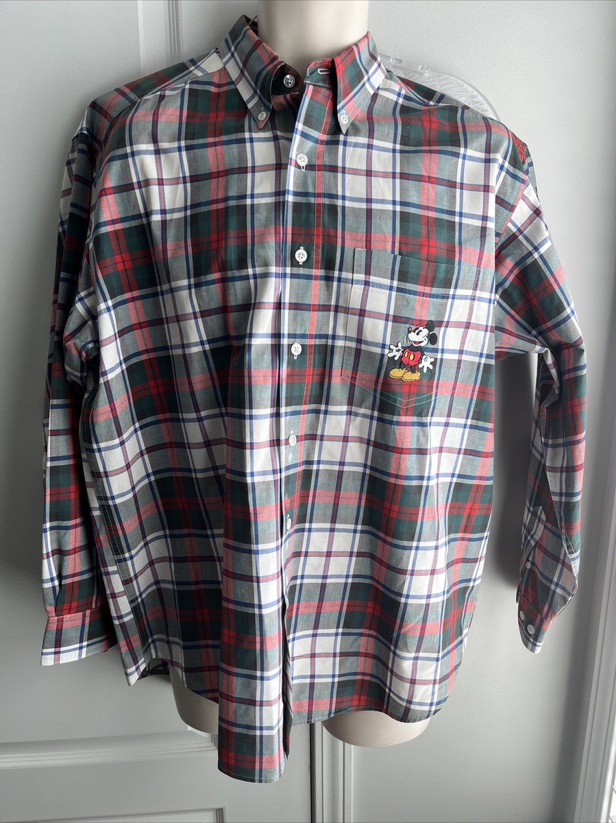 Vintage 90s Mickey Mouse Plaid Dress Shirt Size Medium The Disney Store  Green
