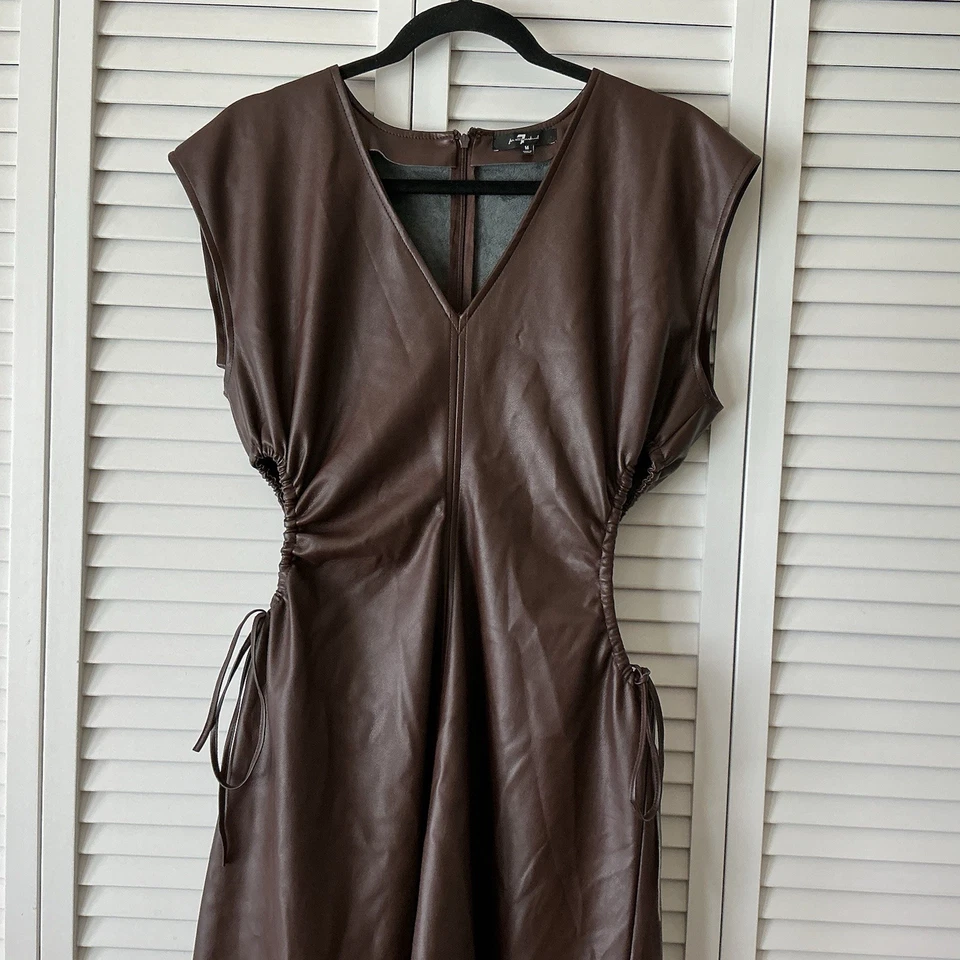 7 for All Mankind Miranda 女式 M 码素食皮革迷笛连衣裙露侧领带 — 第 2/4 张图片