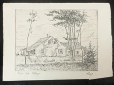 Vintage E.D. Edel Etching Cape Cod Cottage Black & White Art Signed B & W Print