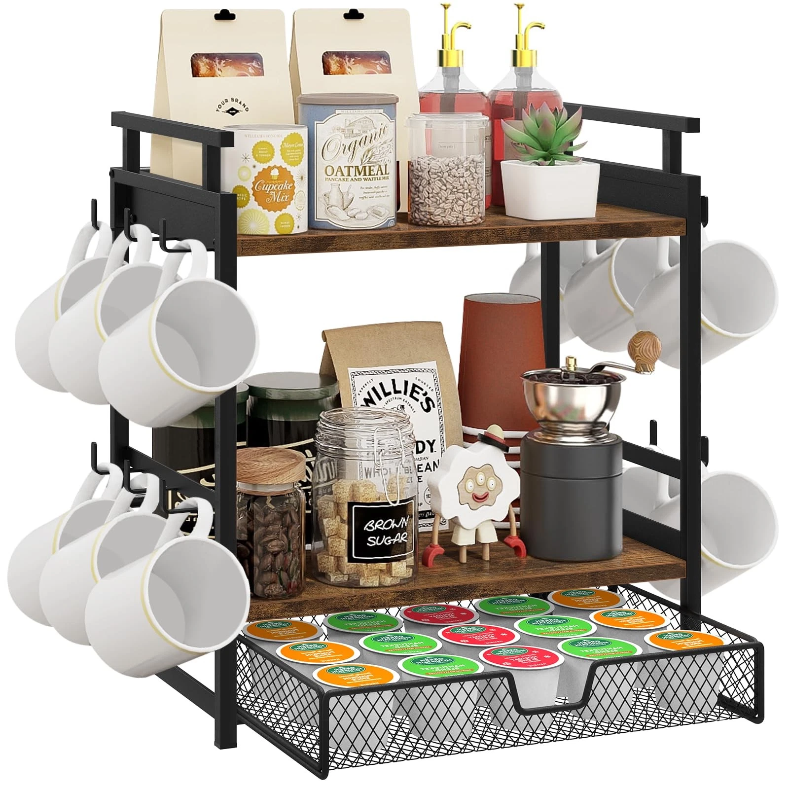 Coffee Bar Organizer 3 Tier Station Countertop Mug Cup Holder Stand 12 Hooks