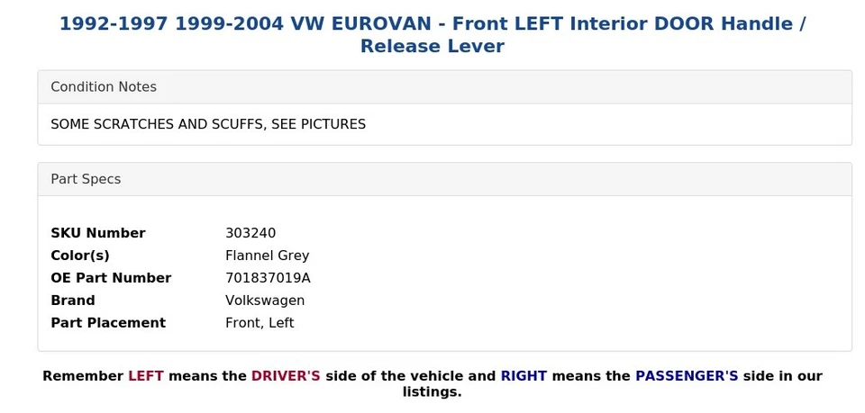 VW EUROVAN 1992-1997 1999-2004 - Manija de puerta interior delantera izquierda/palanca de liberación Foto 3 de 4