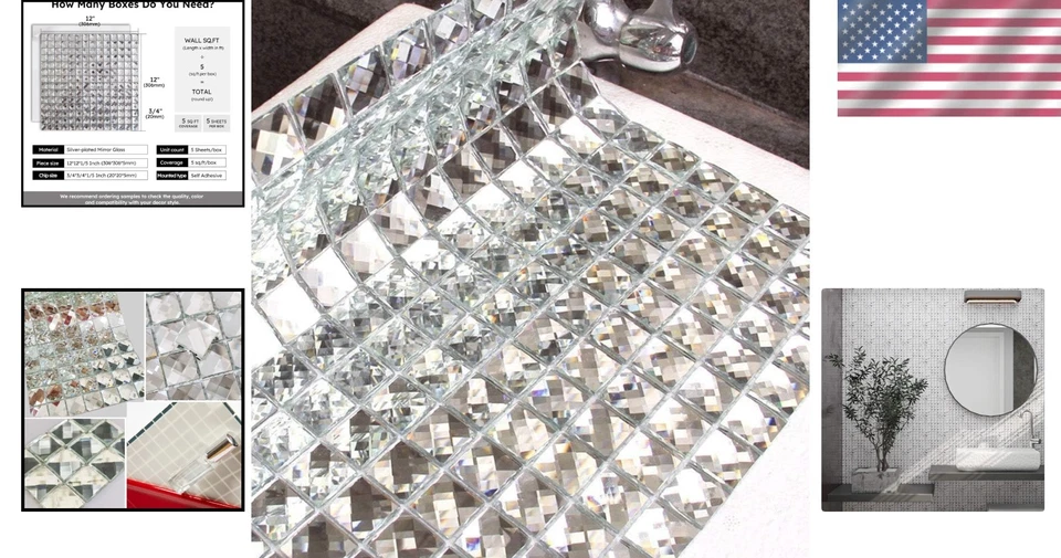 Paquete de 5 azulejos de espejo cuadrados pelados y pegados - resistentes al agua para toda decoración de paredes Foto 2 de 4