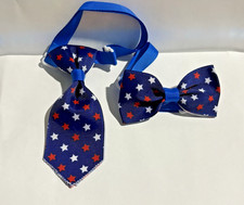 Bow Tie Necktie Set 250th July 4th USA Flag Stars Blue Dog Cat 7" 