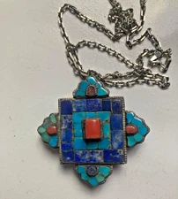 Bishwo Vajra Tibetan Buddhist Locket Silver  Turquoise Lapis Amulet  Pendant  