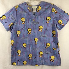 Looney Tunes Nurse Scrubs Top Sz Med Blue Tweety Bird Polyester V-neck Dual Pick