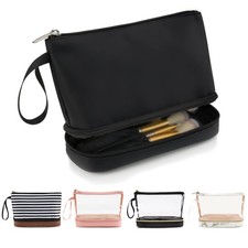 Ethereal Small Makeup Bag, 2 Layers Travel Makeup Bag with Makeup Brush Holder