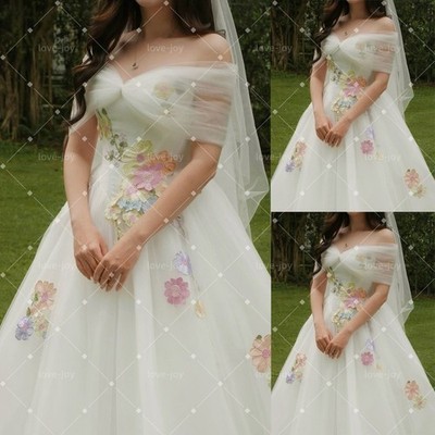 Wedding Dresses Off The Shoulder Floral Appliques Sweep Train A-Line Bridal Gown