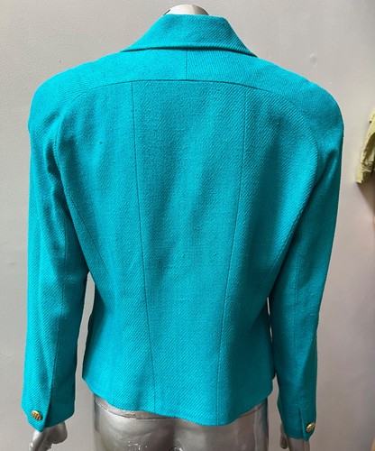 Designer Silk Woven Tweed 90s Double Breast VTG Aqua Blazer Jacket Coat 6 - Picture 4 of 6