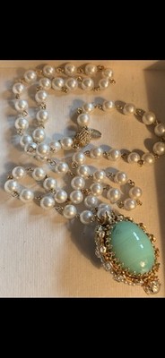 Rare Vendome Courtier Easter Egg Pendent Necklace w/ Linked Faux Pearl Chain