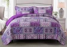 Juego de cama Etwel KING Size Edredón 3 piezas Algodón Gran Tamaño Edredón Floragrid Púrpura