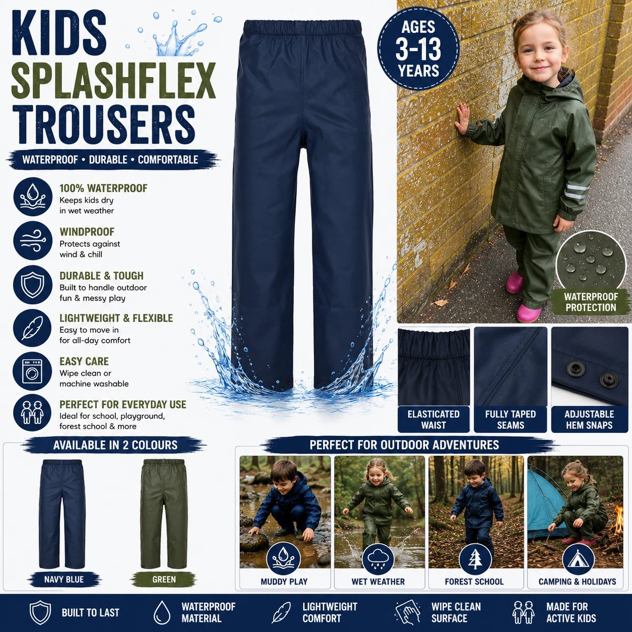 Fort Junior Splashflex Waterproof Trousers Kids Rain Overtrousers Windproof