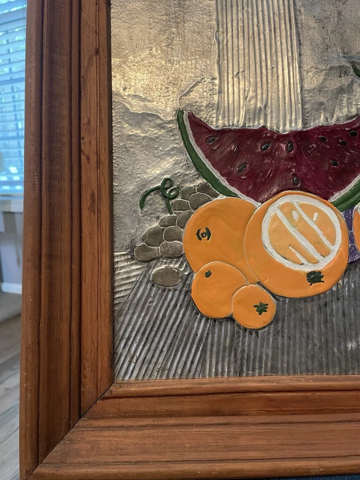 Original OIL Painting on TIN Etched FRUIT STILL LIFE Ornate Wooden Frame - Image 2 of 4