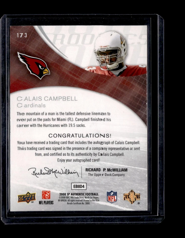 2008 SP Authentic Rookie Signatures #173 Calais Campbell - Image 2 of 2