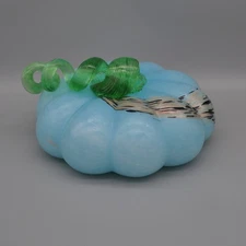 Sky Blue Blown Art Glass Squat Pumpkin Satin Aventurine Frit Curly Stem 7.5"