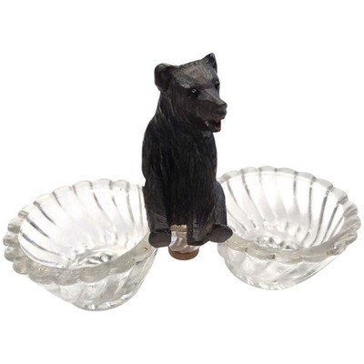 C012-Open Salt: HTF Double Salt with a Carved Wood Sitting Black Forest Bear