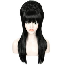 Linfairy Long Straight Black Wig Big Bouffant Beehive Wigs for