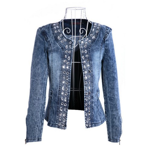 Women Crystal Denim Jacket Coat Faded Jeans Blazer Shiny Fitted Slim Casual - Picture 2 of 11