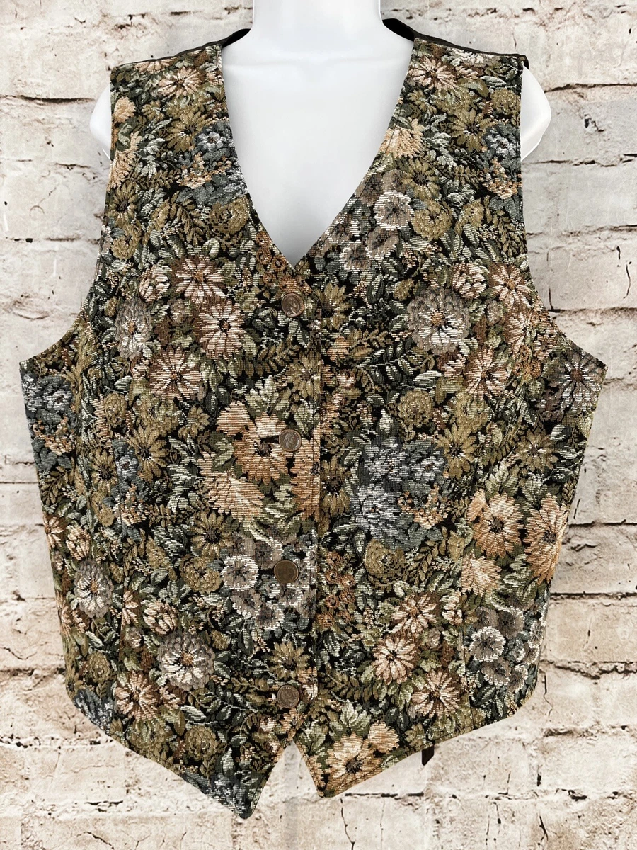 LL Bean Sz 16 Vintage Floral Needlework Lined Back-Tie Vest Waistcoat Top