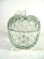 Apple Shaped Glass w/Lid Clear Cut Hexagon Glass Candy Dish 5"H