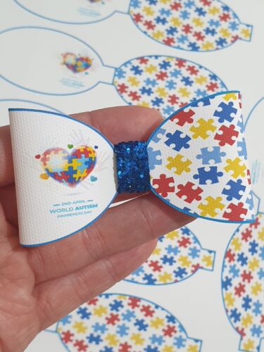 DIY Hairbows Autism awareness printed canvas fabric bow loops 7 bows  - Afbeelding 1 van 1