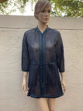 Drome Blue 3/4 Sleeve Perforated Laser Cut Leather Parka Overcoat $1400 Sz S