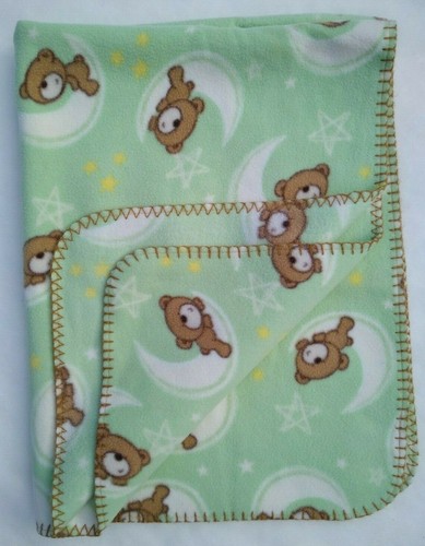 Baby Connection Blanket Green Fleece With Bears Moons Stars Stitched Edging - Picture 6 of 9