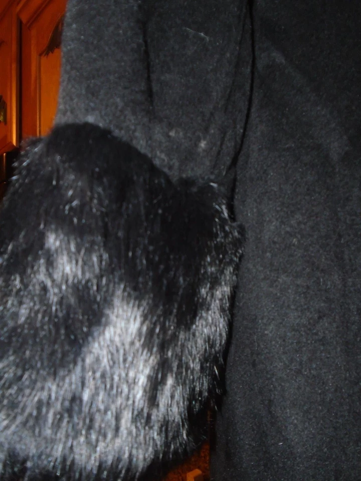 Arden B Coat W/Angora Wool Rabbit Fur Hood Trim Long Black Cape Hood  - Image 3 of 4