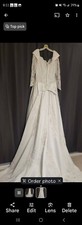 wedding dress, white, satin, buttons, lace, train, never worn or sized. Size 16