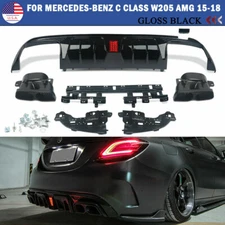 Rear Bumper Diffuser Lip + Exhaust Tips For 2015-2021 Benz W205 C200 C300 C250