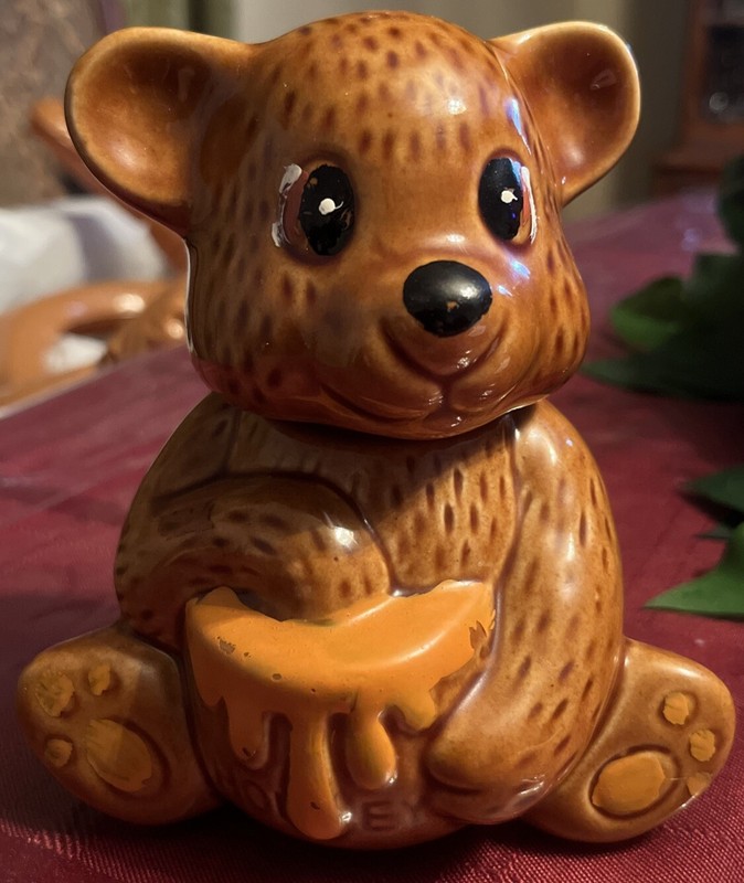 Vintage Ceramic Figural Bear W/ Honey Pot Honey Jar and Honey Spoon Hand Painted