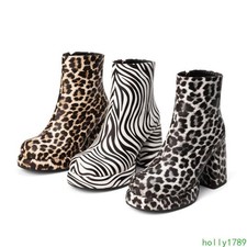 Ankle Boots High Block Heel Round Toe Embossed Platform Casual Womens Zip Shoes