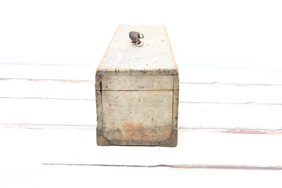 Antq Carpenters Box Antique Wood Toolbox Greenish Gray Wood Trunk Leather Handle - Image 4 of 4