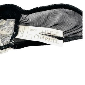 VINTAGE Y2K Lise Charmel Lingerie Set Black Pliss&eacute; Silk Lace Demi Bra 32C ThongS