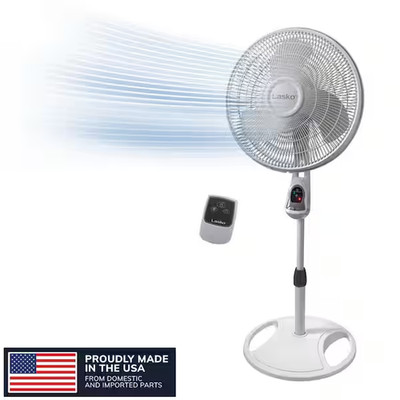 Lasko Pedestal Fan Remote Control 16'' White 3-Speed Oscillating Timer Adjustable