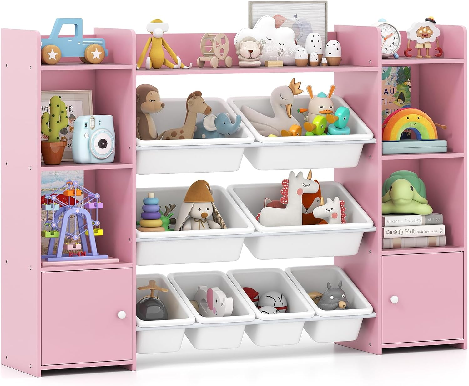 Kids Toy Storage Unit 4 Tier Organiser 8 Bins Cabinets Bookshelf Shelves Grey