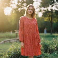 Old Navy Orange Floral Babydoll Mini Dress Lg Long Sleeve Boho Cottagecore