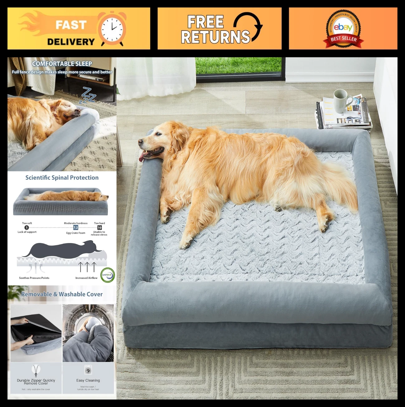 XXL Extra Large Orthopedic Dog Bed, Washable Pet Sofa with Waterproof Cover & Bo
