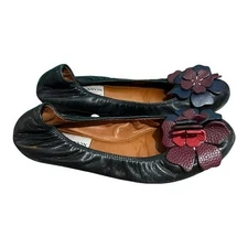Lanvin Black Leather Ballet Flats with Floral Detail Size 8