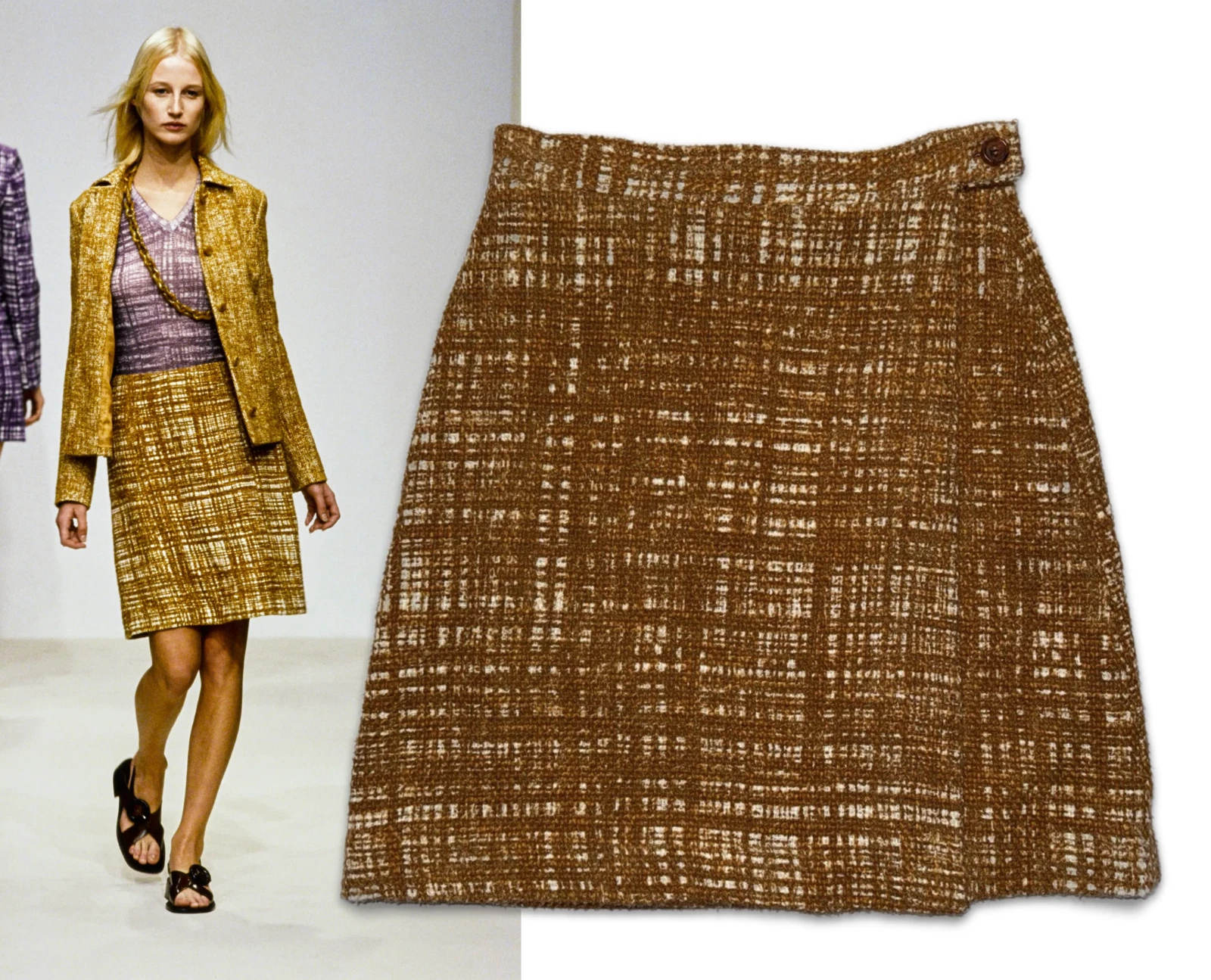 Vintage Archive Prada Spring 1996 Brown Tweed Print Cotton Linen Wrap Skirt 42