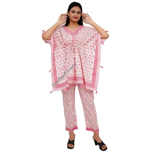 Cotton Block Print Maxi Kaftan Pajama Set with Tasses Gown Dress Caftan Co-order