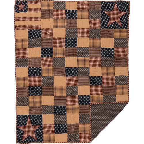 Patriotic Patch Patchwork Throw Blanket. VHC Brands. Red, Navy Blue, Tan - Picture 2 of 2
