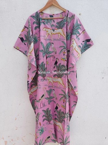 Indian Vintage 100% Hand Printed Cotton Kaftan Beach Wear Night Maxi Women Gown - Picture 4 of 4