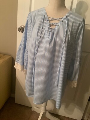 Moa Moa  Ladies Blue Pin Stripe Lace Cotton Bell Sleeve Blouse Top  Size 1X  